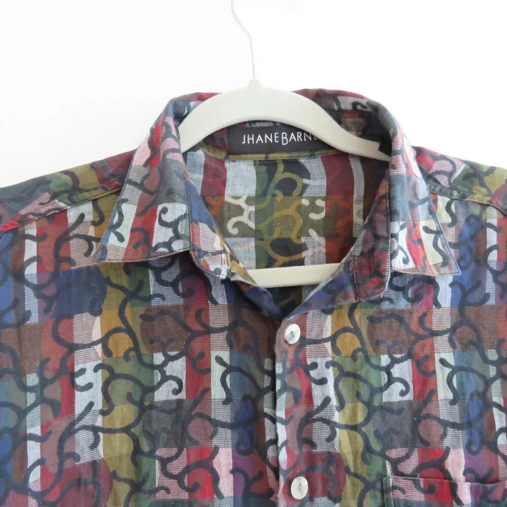 VINTAGE JHANE BARNES Abstract Checked Multicolor Button Down Shirt Men's Size M - Picture 4 of 14